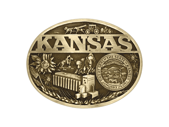 Antiqued brass colored Attitude buckle Kansas state and symbols. Standard 1.5 belt swivel.