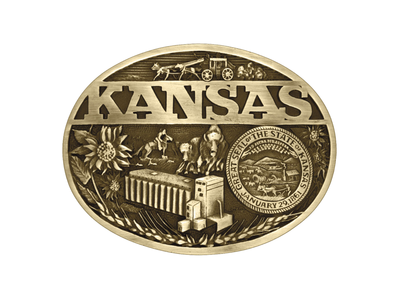 Antiqued brass colored Attitude buckle Kansas state and symbols. Standard 1.5 belt swivel.