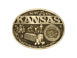 Antiqued brass colored Attitude buckle Kansas state and symbols. Standard 1.5 belt swivel.