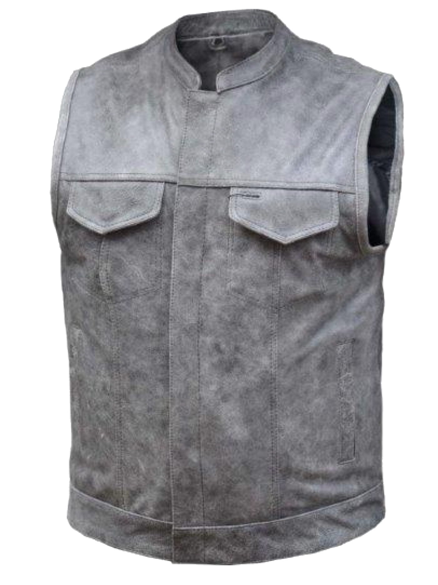 Distressed grey leather Club style motorcycle riding vest.  Made from cowhide and contains conceal carry pockets on front insides. It has a 1 piece pack and snap and zipper front closure. It has a club style collar.  Available for purchase in our leather shop in Smyrna, TN, near Nashville.  Available in sizes small to 5x. Mens PREMIUM Club Vest in soft Cowhide 1.2mm 4 exterior pockets & 2 inside concealed carry pockets. Zip Snap main closure. Antique Brass hardware. One panel back.