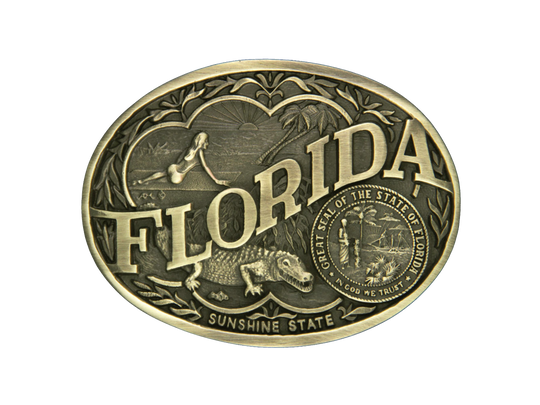 Antiqued brass colored Attitude buckle Florida state and symbols. Standard 1.5 belt swivel.