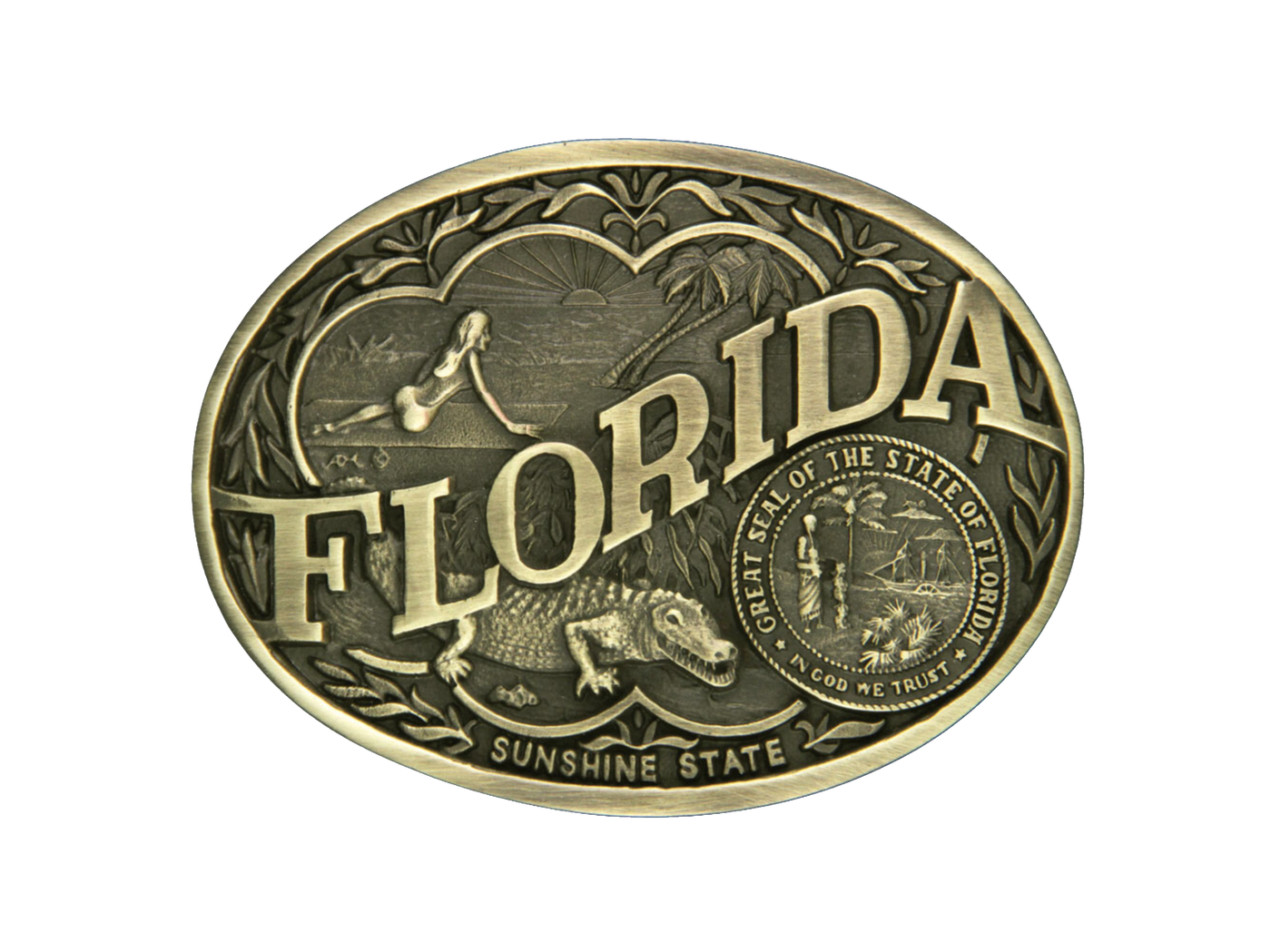 Antiqued brass colored Attitude buckle Florida state and symbols. Standard 1.5 belt swivel.