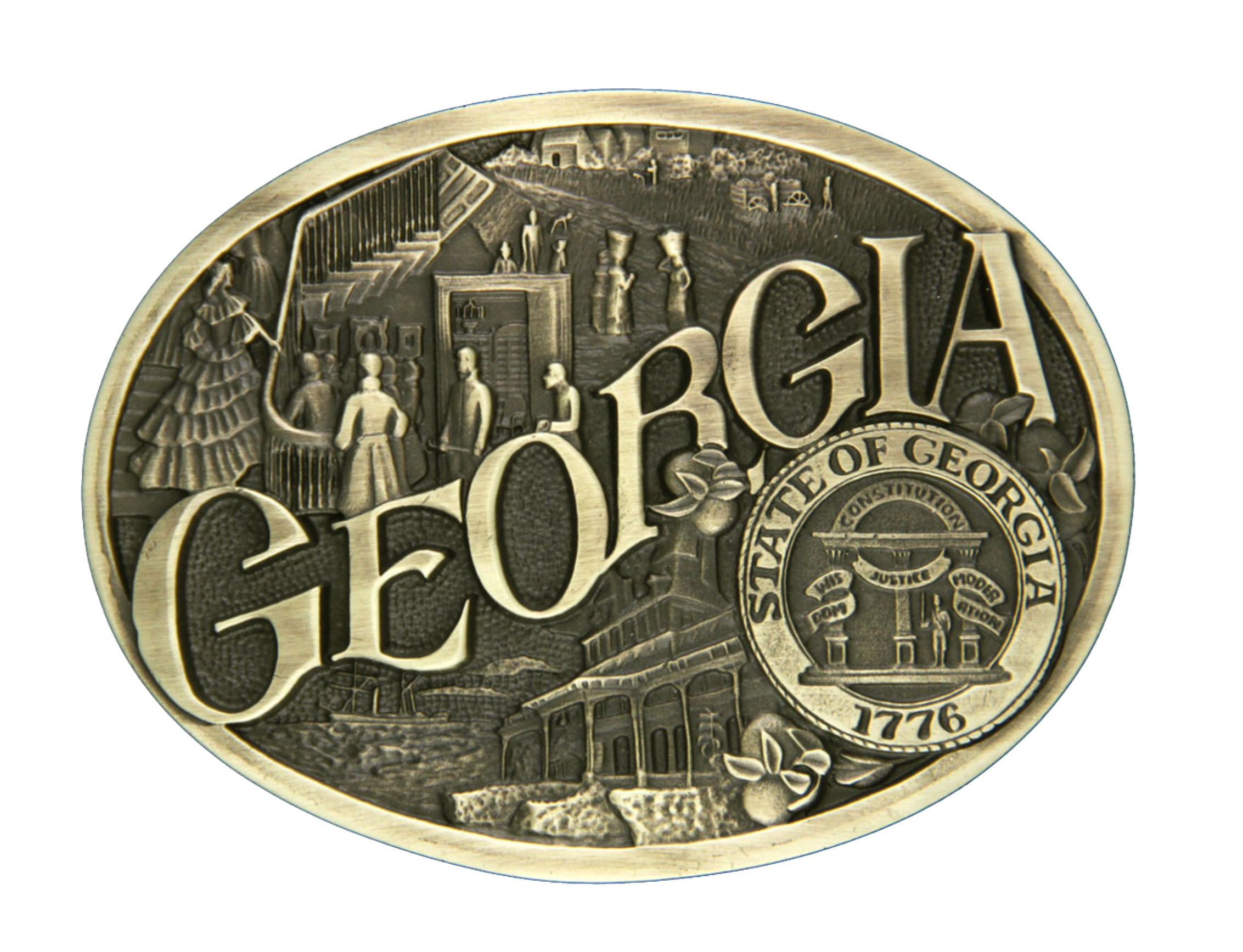 Antiqued brass colored Attitude buckle Georgia state and symbols. Standard 1.5 belt swivel.
