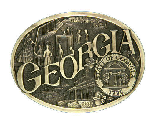 Antiqued brass colored Attitude buckle Georgia state and symbols. Standard 1.5 belt swivel.