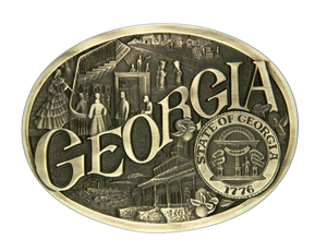 Antiqued brass colored Attitude buckle Georgia state and symbols. Standard 1.5 belt swivel.