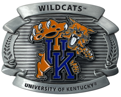 Fully cast metal buckle that features expertly enameled details. Tan and Blue enameled "UK" logo with text that reads "Wildcats" and "University of Kentucky". Available online or at our shop just outside Nashville in Smyrna, TN.  Officially licensed collegiate product A full 4 inches wide Fits belts up to 2" wide. Vibrant enameled team colors Fully metal belt buckle
