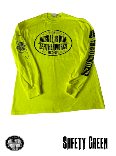 Soft cotton T-shirt with our Buckle and Hide logo on the front, Tennessee Outline graphic on right sleeve, and "bucklehideleather.com" graphic on the left sleeve. Available online and in our shop just outside Nashville in Smyrna, TN. Safety Yellow color