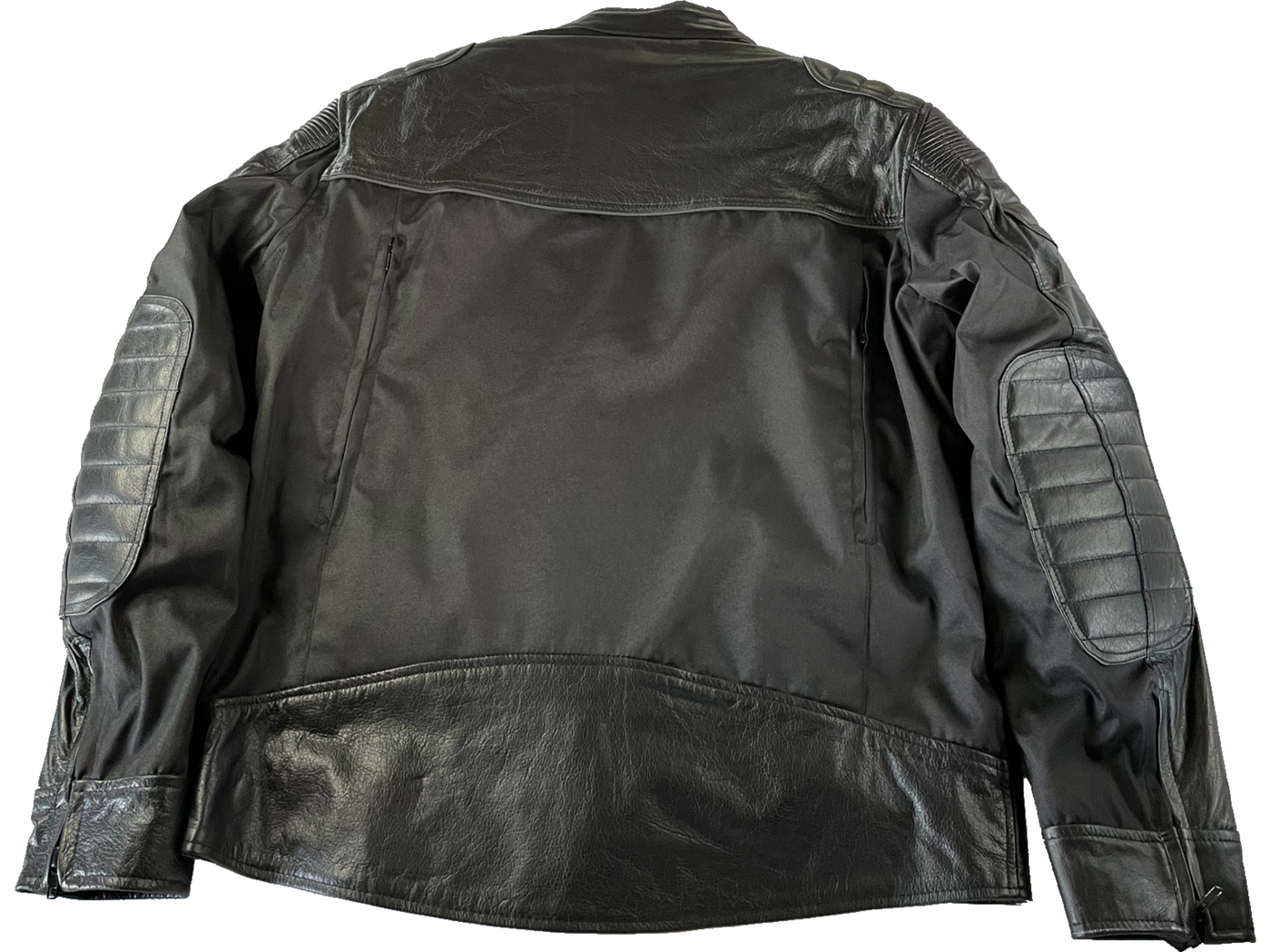 Leather AND Textile Motorcycle Jacket with wide reflective strip across upper arm. Reflective piping running down entire length of sleeve. Horizontal reflective piping across the back. Removable armor. Vents on back. Carry conceal pockets. Removable liner. Available in our shop just outside Nashville in Smyrna, TN.