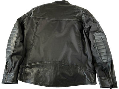 Leather AND Textile Motorcycle Jacket with wide reflective strip across upper arm. Reflective piping running down entire length of sleeve. Horizontal reflective piping across the back. Removable armor. Vents on back. Carry conceal pockets. Removable liner. Available in our shop just outside Nashville in Smyrna, TN.