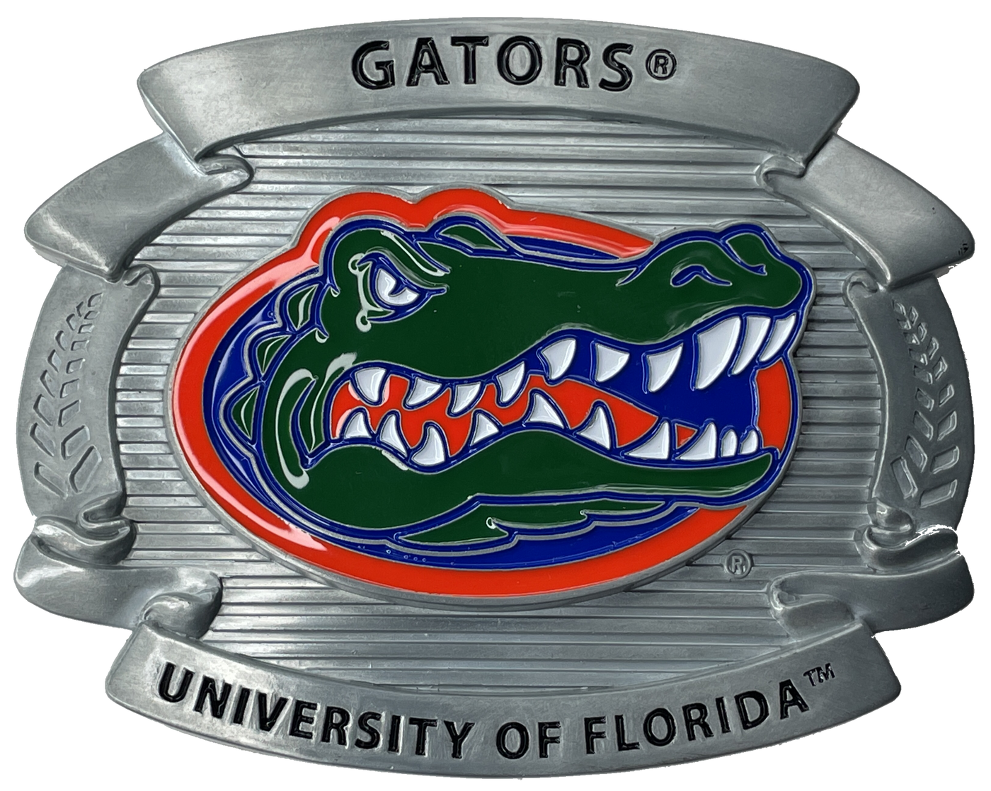 Fully cast metal buckle that features expertly enameled details. Orange, Green and Blue enameled "Gator" logo with text that reads "Gators" and "University of Florida". Available online or at our shop just outside Nashville in Smyrna, TN.  Officially licensed collegiate product A full 4 inches wide Fits belts up to 2" wide. Vibrant enameled team colors Fully metal belt buckle