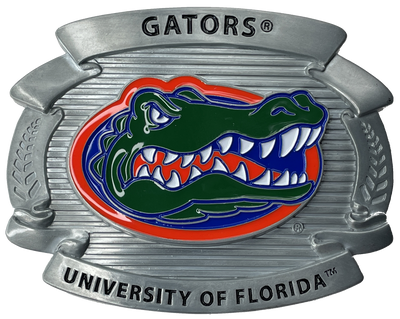 Fully cast metal buckle that features expertly enameled details. Orange, Green and Blue enameled "Gator" logo with text that reads "Gators" and "University of Florida". Available online or at our shop just outside Nashville in Smyrna, TN.  Officially licensed collegiate product A full 4 inches wide Fits belts up to 2" wide. Vibrant enameled team colors Fully metal belt buckle