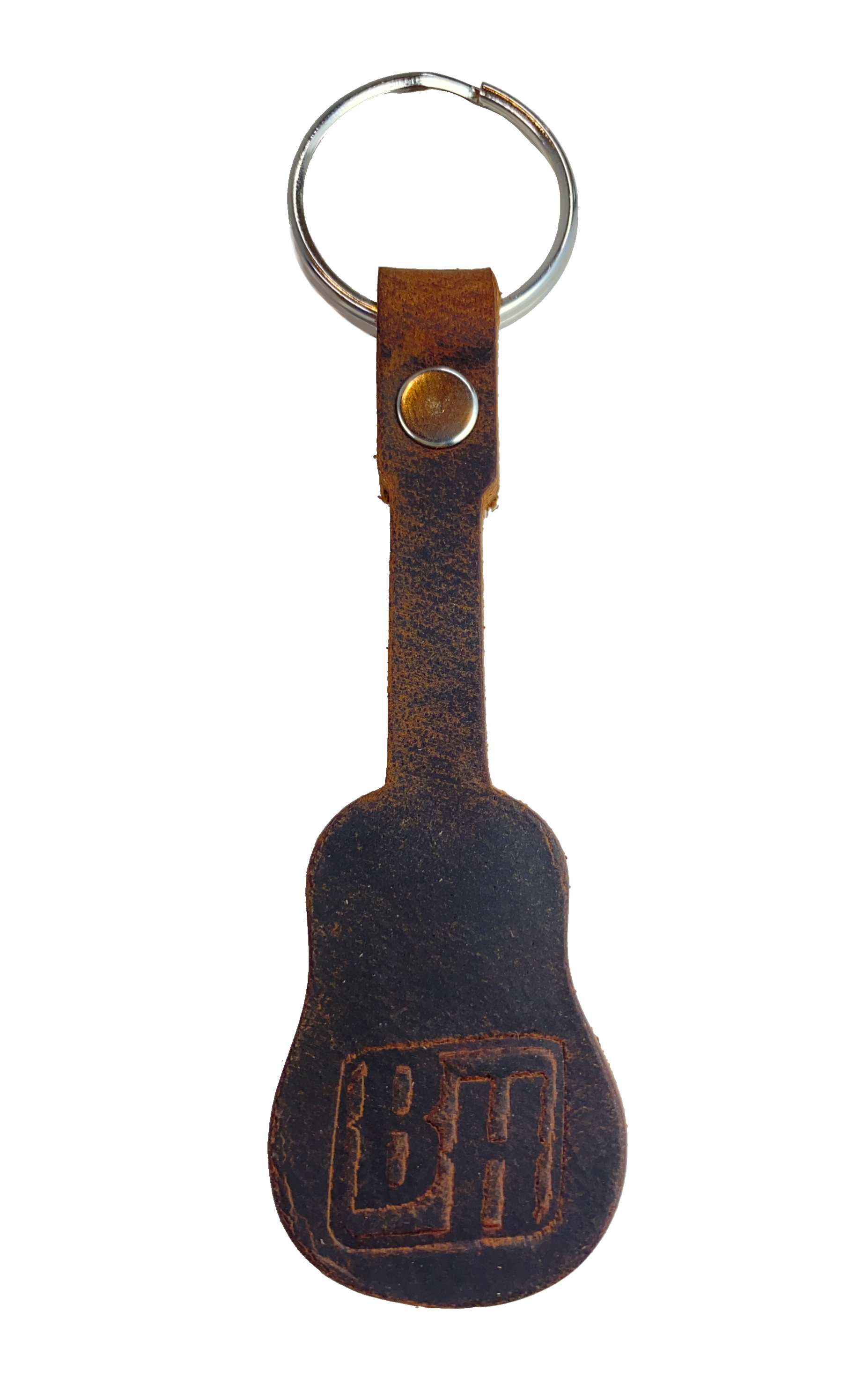 Handmade Brown distressed leather keychain in the shape of a guitar embossed with Buckle and Hide "B&H" logo. BUY MORE and SAVE! Made in our shop in Smyrna, TN, just outside Nashville. Key ring is split ring and leather is attached with a single rivet.
