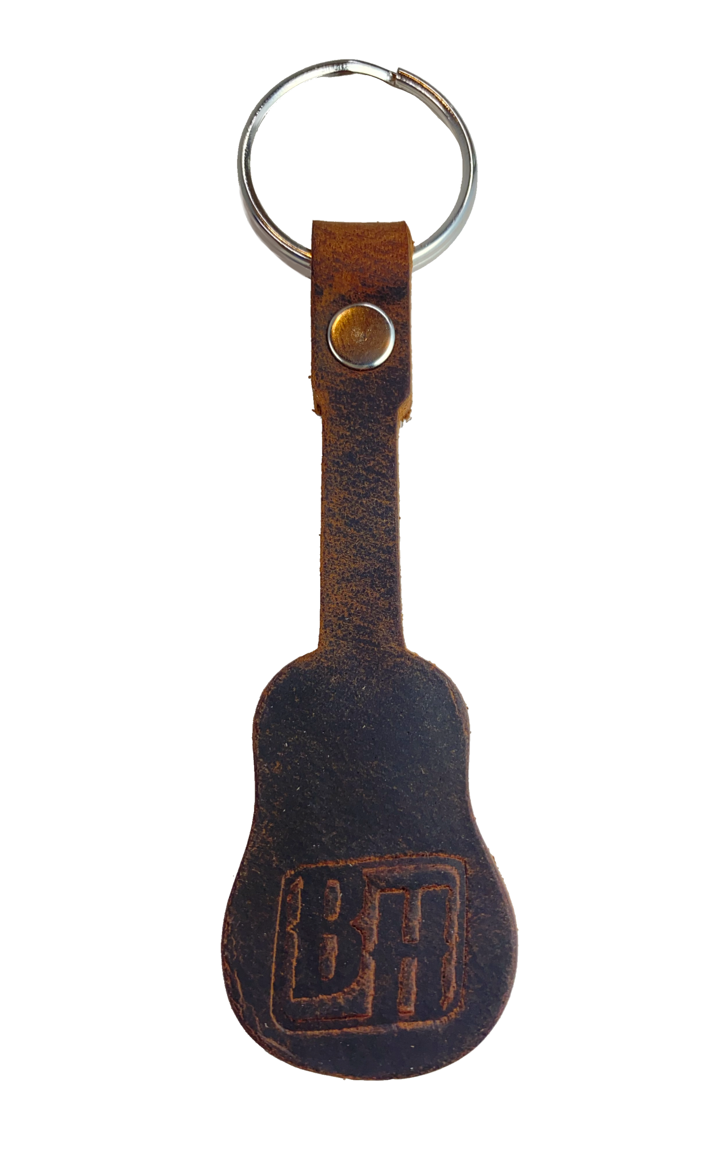 Handmade Brown distressed leather keychain in the shape of a guitar embossed with Buckle and Hide "B&H" logo. BUY MORE and SAVE! Made in our shop in Smyrna, TN, just outside Nashville. Key ring is split ring and leather is attached with a single rivet.
