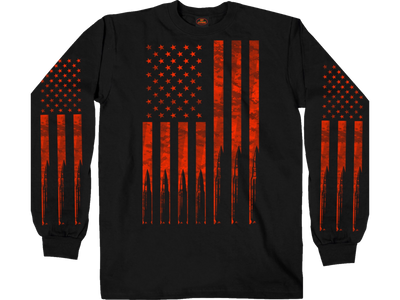 Be a part of the "Support Crew" and show your Flag! Cotton blend Long sleeves with back and sleeves graphics. This black long sleeved tee shirt has American flag pictured in red with bullet pictures creating tattered look to flag. Flags are pictured on front and both sleeves. Available in sizes Medium through 3x.
