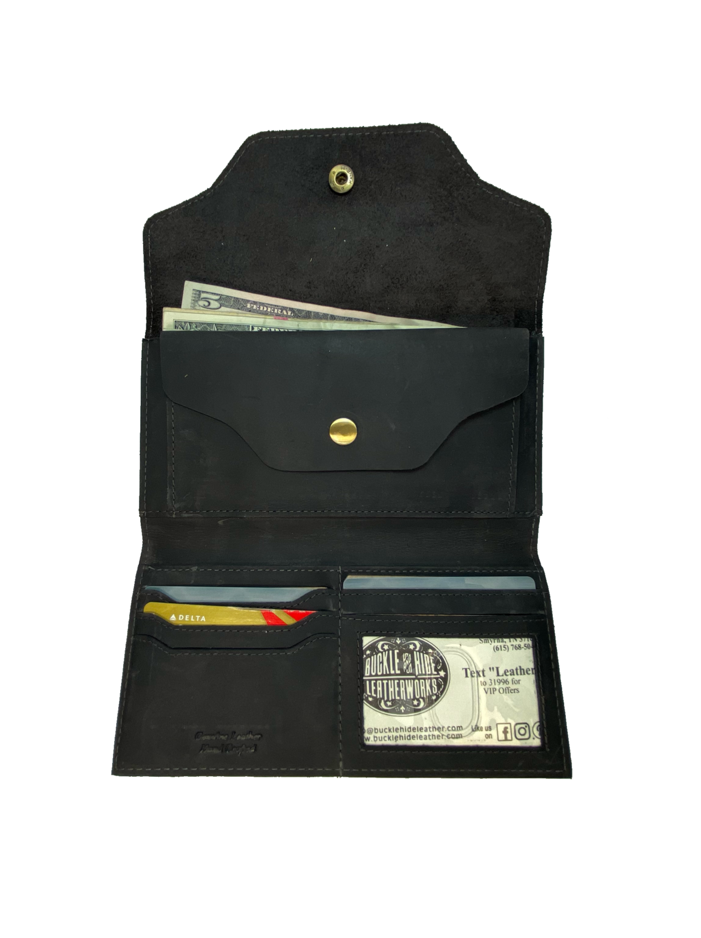 Leather Long Clutch Style Wallet with 4 card slots, I.D. slot, cash and coin pocket, zippered pocket. A convenient way to keep everything you need in one place! Imported and Buckle and Hide Approved! Available in Distressed Brown, Grey, Turquoise.