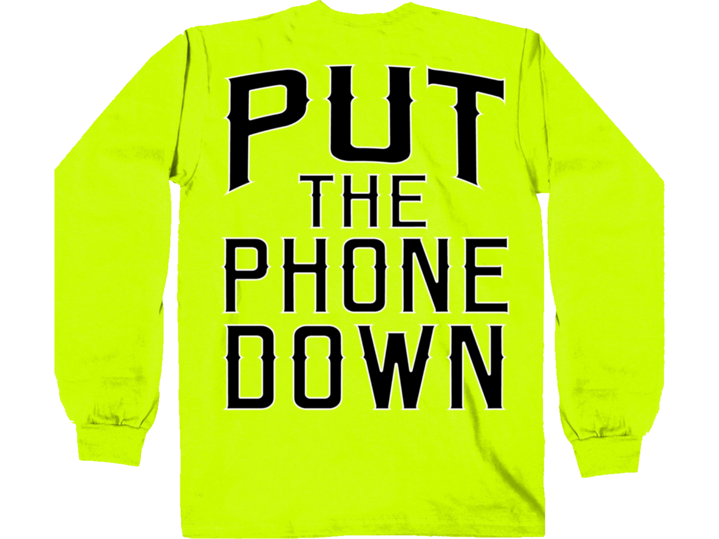 Tell crazy drivers to PUT THE PHONE DOWN and watch out for riders!! Be seen in Safety Green Cotton blend Long sleeves with Biker Nation front, back and Flames sleeves graphics. Available in our shop just outside Nashville in Smyrna, TN.