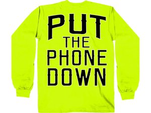 Tell crazy drivers to PUT THE PHONE DOWN and watch out for riders!! Be seen in Safety Green Cotton blend Long sleeves with Biker Nation front, back and Flames sleeves graphics. Available in our shop just outside Nashville in Smyrna, TN.