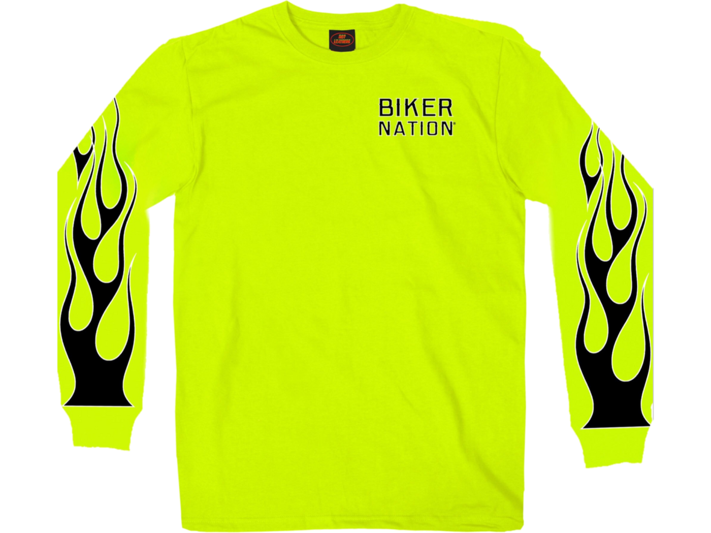 Tell crazy drivers to PUT THE PHONE DOWN and watch out for riders!! Be seen in Safety Green Cotton blend Long sleeves with Biker Nation front, back and Flames sleeves graphics. Available in our shop just outside Nashville in Smyrna, TN.