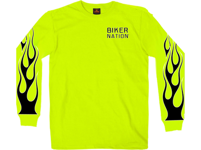 Tell crazy drivers to PUT THE PHONE DOWN and watch out for riders!! Be seen in Safety Green Cotton blend Long sleeves with Biker Nation front, back and Flames sleeves graphics. Available in our shop just outside Nashville in Smyrna, TN.