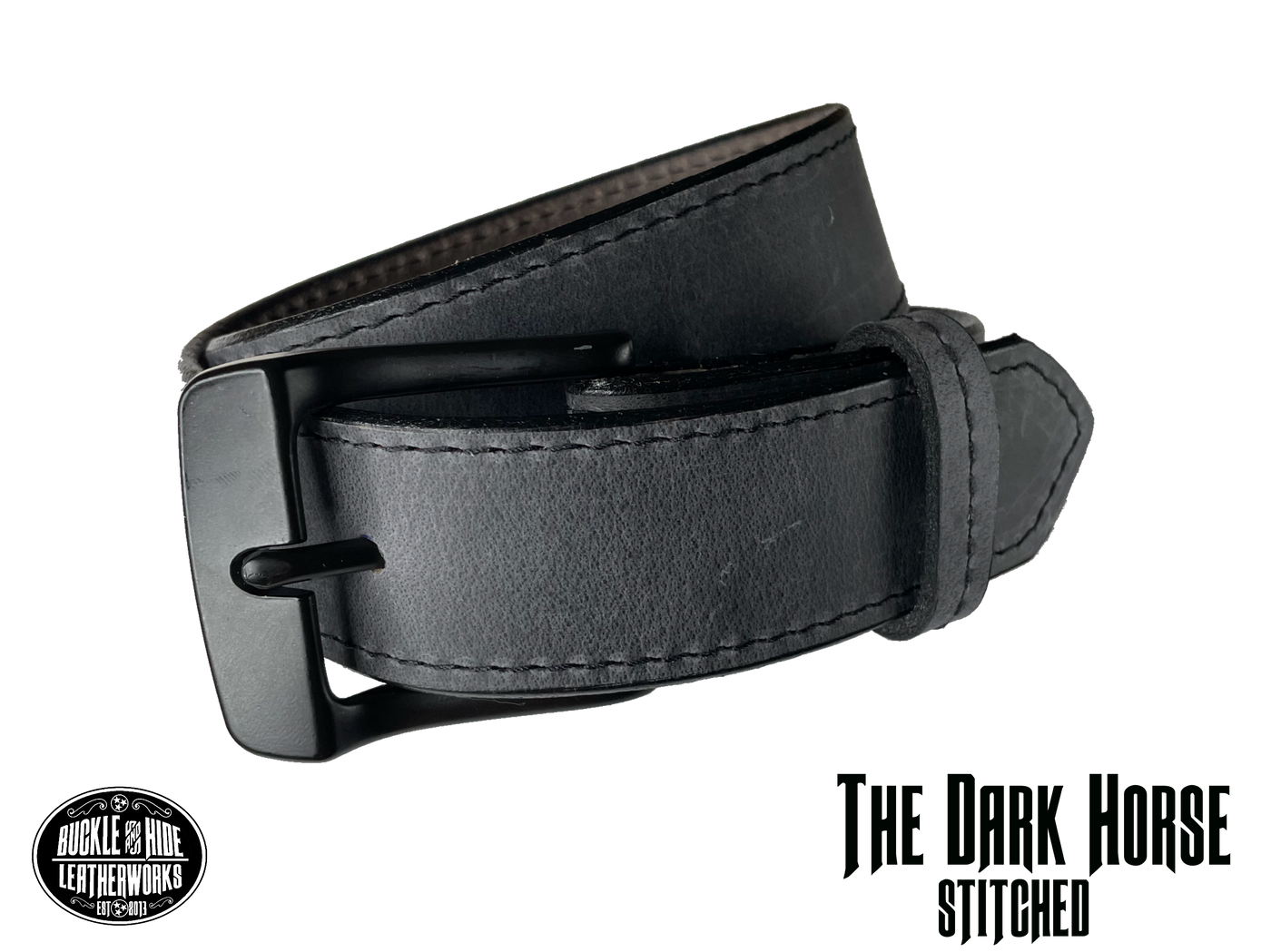 This gray leather belt is made from Crazy Horse tanned leather for that distressed and pull-up look. Choose with or without black stitching along the edges.  Has smooth black painted edges. It has a black Zinc buckle that is snapped in place. Belt is 1 1/2" wide and available in lengths from 34" to 44".  It is handmade in our shop in Smyrna, TN, just outside of Nashville.