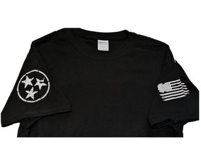 Buckle and Hide Leather T-shirt Heavy-weight Gildan brand t-shirt with round neckline Buckle and Hide Leather logo on the back only US flag design on one sleeve and Tennessee stars on other Available in sizes L-3xl