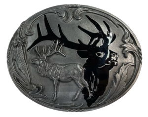 Silhouette Black epoxy inlayed Elk head on a Antique pewter buckle Fits 1 1/2" belts Size 3-1/2"W x 2-3/4"H Available in our shop just outside Nashville in Smyrna, TN