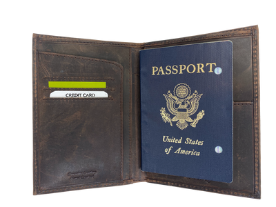 Leather Bi-Fold Passport/Wallet with three card slots, two inside pockets, passport slot and a cash pocket. A convenient way to keep everything you need in one place! Imported and Buckle and Hide Approved! Great for men or women!