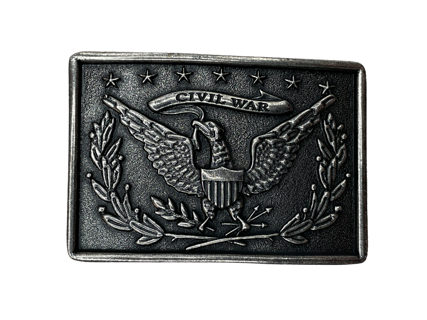 Rectangle antique silver buckle with eagle graphic and banner that says civil war.   Civil War with eagle, crest, and stars design Antique silver 3 1/8" H x 4 1/8" W Solid border Fits belts up to 1 3/4" wide Zinc