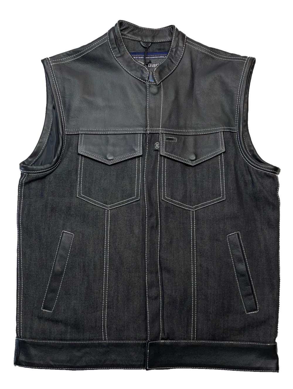 The Havoc has CONTRASTED WHITE STITCHING, Premium black leather/denim club style vest. Shoulders and the Bottom strap is made from cowhide leather, a tab style collar, front/zippered snap closure, 3 panel back, inside a conceal carry pockets, 2 Lower Front Pockets. Available for purchase in our shop in Smyrna, TN outside of Nashville. Available in sizes Small through 6XL.