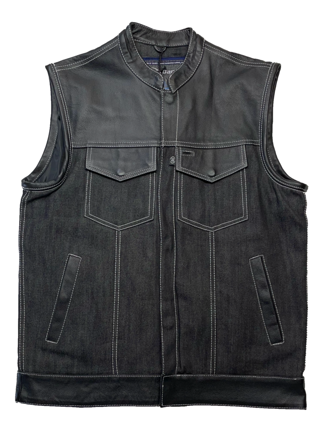 The Havoc has CONTRASTED WHITE STITCHING, Premium black leather/denim club style vest. Shoulders and the Bottom strap is made from cowhide leather, a tab style collar, front/zippered snap closure, 3 panel back, inside a conceal carry pockets, 2 Lower Front Pockets. Available for purchase in our shop in Smyrna, TN outside of Nashville. Available in sizes Small through 6XL.