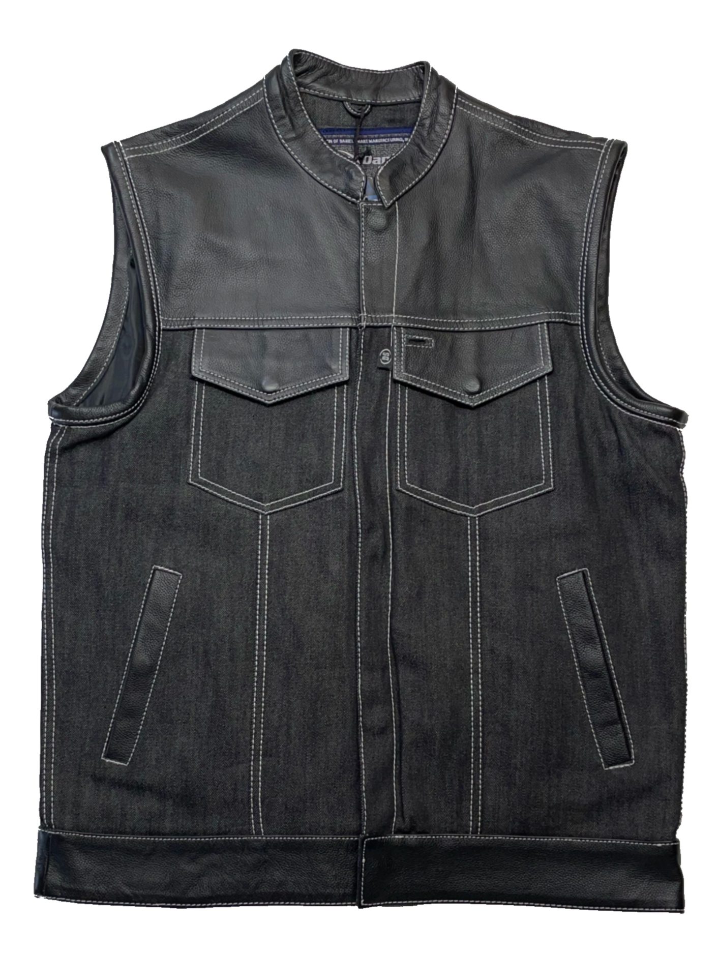 The Havoc has CONTRASTED WHITE STITCHING, Premium black leather/denim club style vest. Shoulders and the Bottom strap is made from cowhide leather, a tab style collar, front/zippered snap closure, 3 panel back, inside a conceal carry pockets, 2 Lower Front Pockets. Available for purchase in our shop in Smyrna, TN outside of Nashville. Available in sizes Small through 6XL.