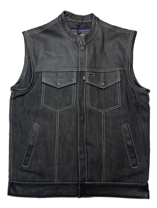 The Havoc has CONTRASTED WHITE STITCHING, Premium black leather/denim club style vest. Shoulders and the Bottom strap is made from cowhide leather, a tab style collar, front/zippered snap closure, 3 panel back, inside a conceal carry pockets, 2 Lower Front Pockets. Available for purchase in our shop in Smyrna, TN outside of Nashville. Available in sizes Small through 6XL.