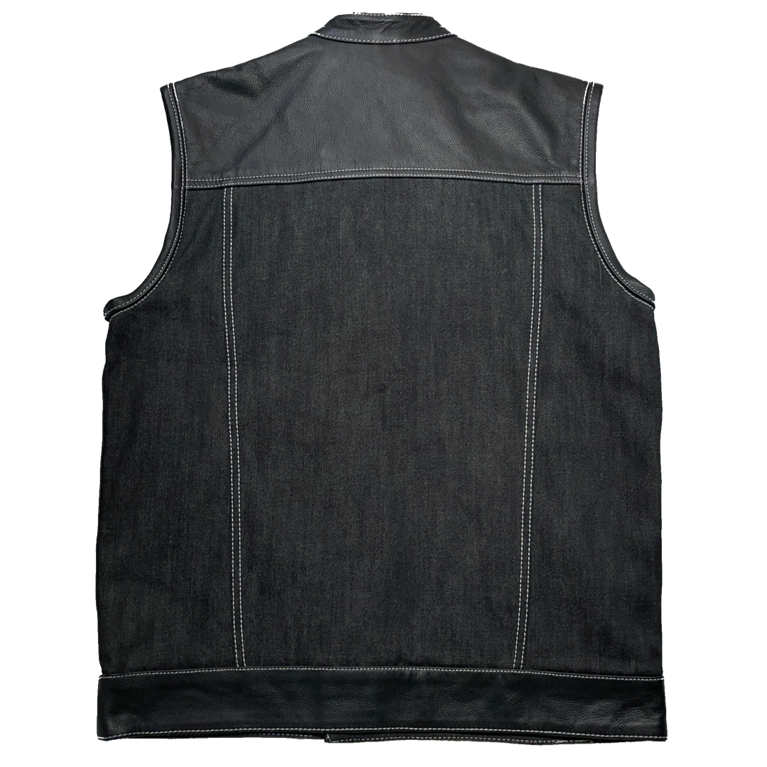 The Havoc has CONTRASTED WHITE STITCHING, Premium black leather/denim club style vest. Shoulders and the Bottom strap is made from cowhide leather, a tab style collar, front/zippered snap closure, 3 panel back, inside a conceal carry pockets, 2 Lower Front Pockets. Available for purchase in our shop in Smyrna, TN outside of Nashville. Available in sizes Small through 6XL.