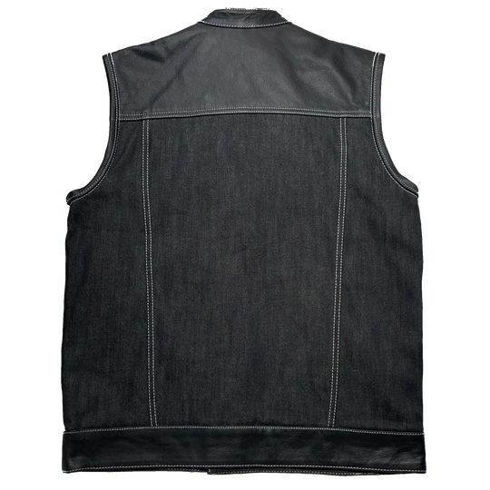The Havoc has CONTRASTED WHITE STITCHING, Premium black leather/denim club style vest. Shoulders and the Bottom strap is made from cowhide leather, a tab style collar, front/zippered snap closure, 3 panel back, inside a conceal carry pockets, 2 Lower Front Pockets. Available for purchase in our shop in Smyrna, TN outside of Nashville. Available in sizes Small through 6XL.