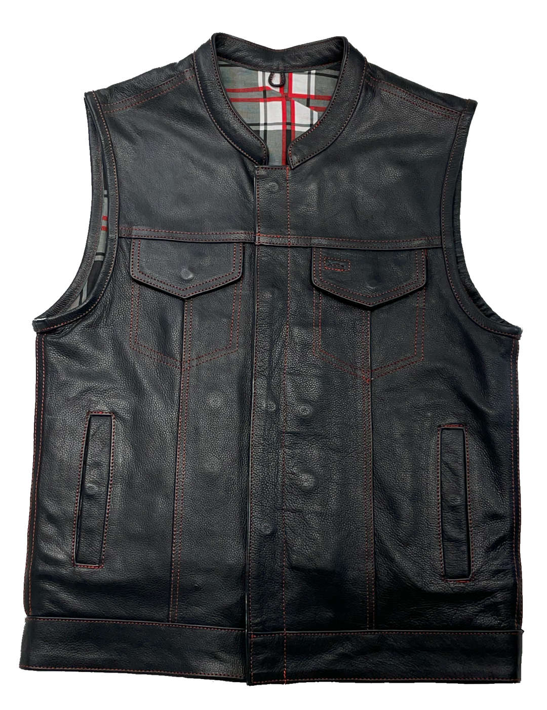 The Jackson Red is a black riding vest made from premium naked cowhide leather. It has CONTRASTED RED STITCHING, and PLAID FLANNEL LINING of black, red, and white. It features: a tab style collar, snap front and zippered closure, solid panel back, two lower front snap pockets, front chest snap pockets, and inside conceal carry pockets on each side. Available in our Smyrna, TN shop just outside of Nashville. Sizes available from Small to 6XL.