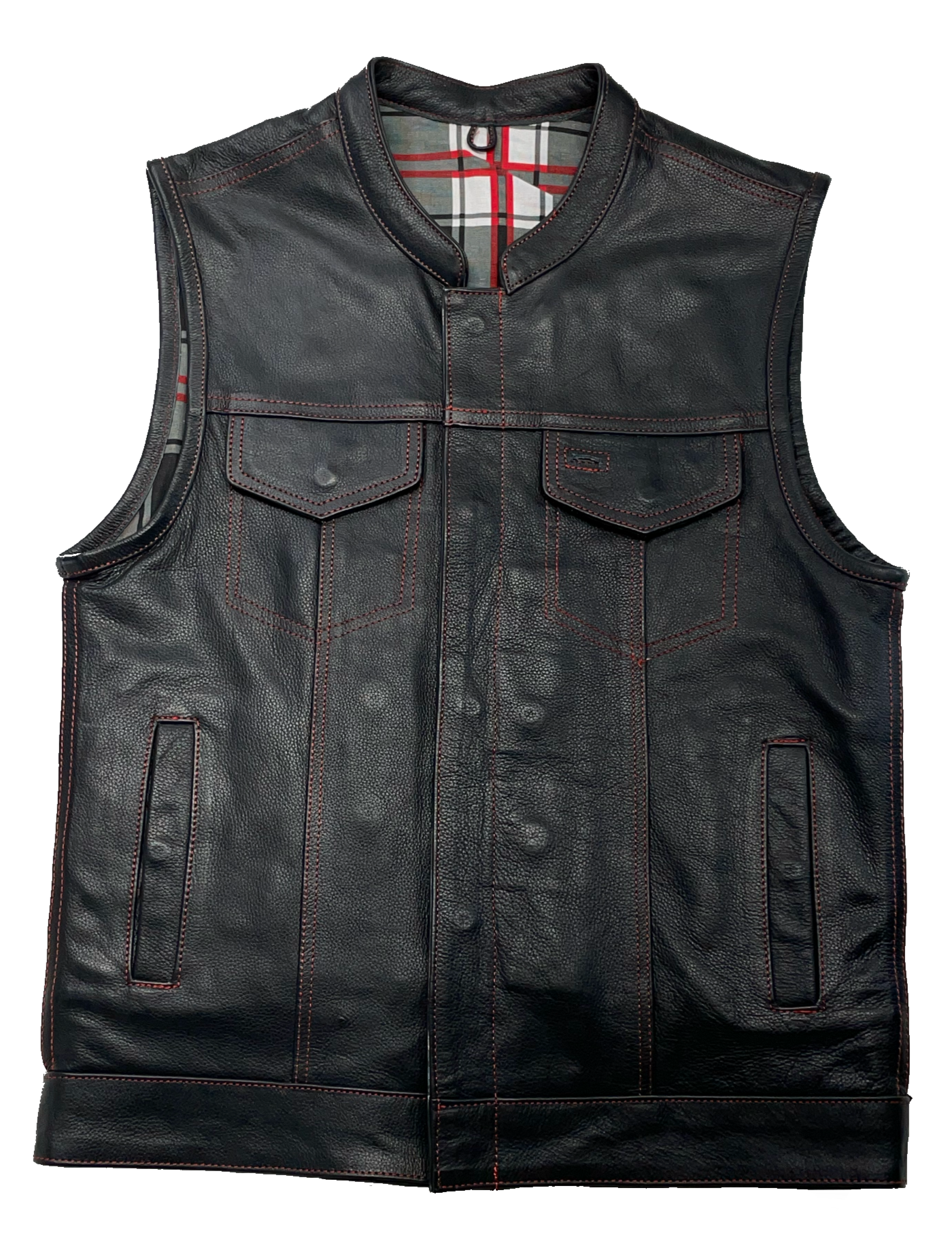 The Jackson Red is a black riding vest made from premium naked cowhide leather. It has CONTRASTED RED STITCHING, and PLAID FLANNEL LINING of black, red, and white. It features: a tab style collar, snap front and zippered closure, solid panel back, two lower front snap pockets, front chest snap pockets, and inside conceal carry pockets on each side. Available in our Smyrna, TN shop just outside of Nashville. Sizes available from Small to 6XL.