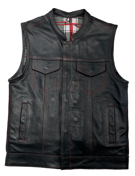 The Jackson Red is a black riding vest made from premium naked cowhide leather. It has CONTRASTED RED STITCHING, and PLAID FLANNEL LINING of black, red, and white. It features: a tab style collar, snap front and zippered closure, solid panel back, two lower front snap pockets, front chest snap pockets, and inside conceal carry pockets on each side. Available in our Smyrna, TN shop just outside of Nashville. Sizes available from Small to 6XL.