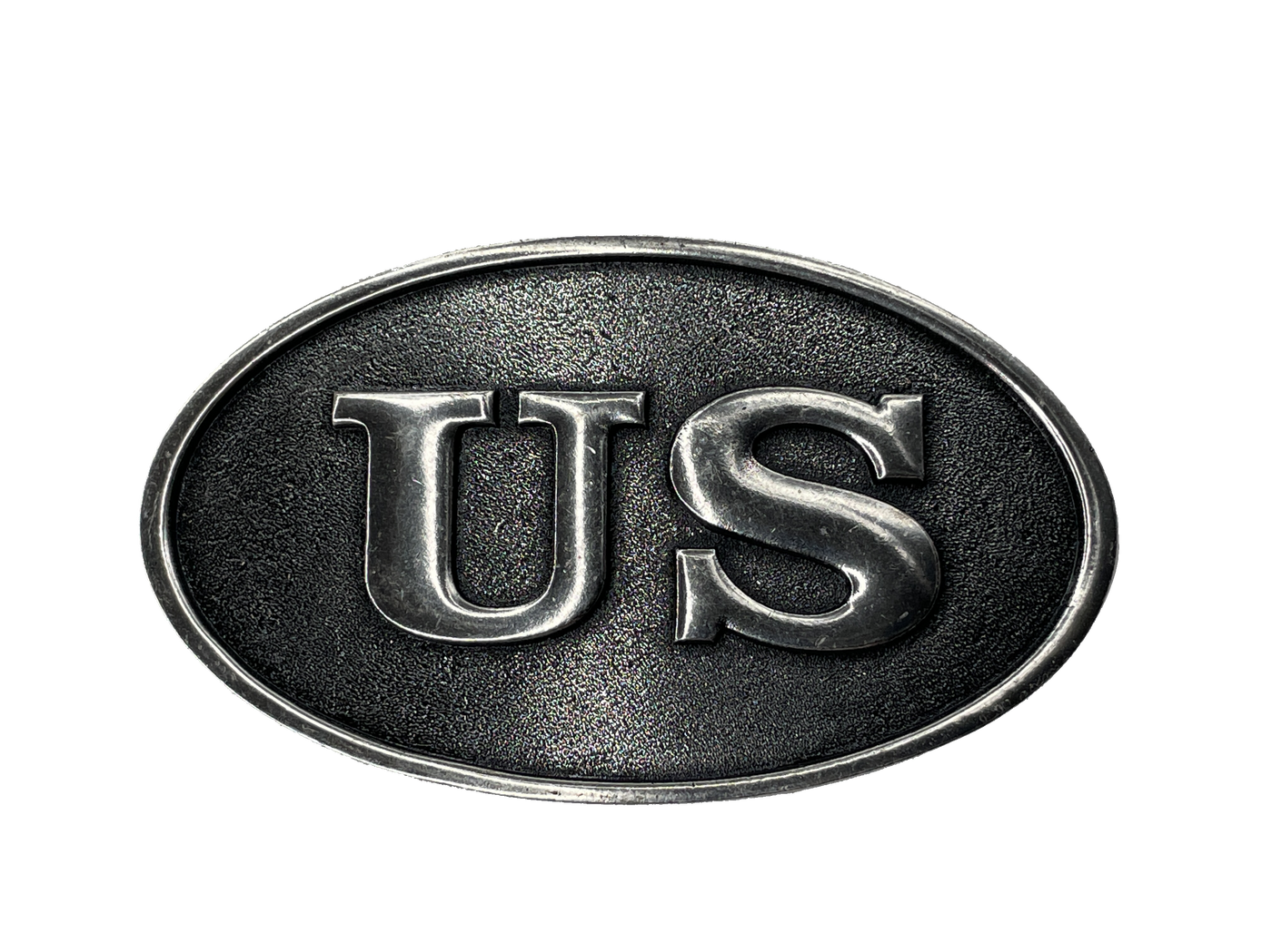 Oval antique silver buckle with U.S. emblem.  US design Antique silver 2 1/8" H x 3 5/8" W Solid border Oval Fits belts up to 1 3/4" wide Zinc. Sold online and in our shop in Smyrna, TN, just outside of Nashville.