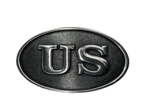 Oval antique silver buckle with U.S. emblem.  US design Antique silver 2 1/8" H x 3 5/8" W Solid border Oval Fits belts up to 1 3/4" wide Zinc. Sold online and in our shop in Smyrna, TN, just outside of Nashville.