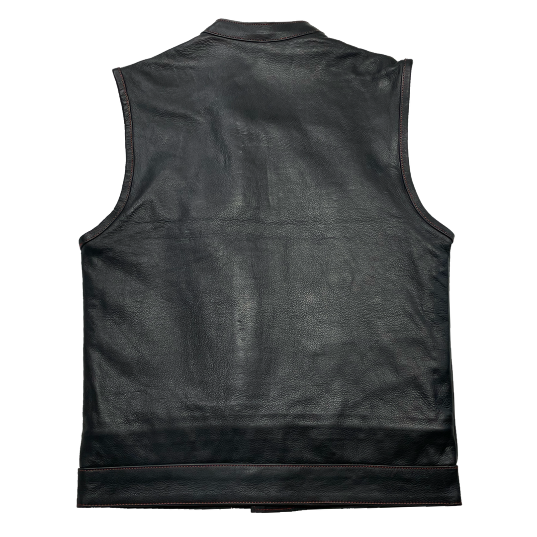 The Jackson Red is a black riding vest made from premium naked cowhide leather. It has CONTRASTED RED STITCHING, and PLAID FLANNEL LINING of black, red, and white. It features: a tab style collar, snap front and zippered closure, solid panel back, two lower front snap pockets, front chest snap pockets, and inside conceal carry pockets on each side. Available in our Smyrna, TN shop just outside of Nashville. Sizes available from Small to 6XL.