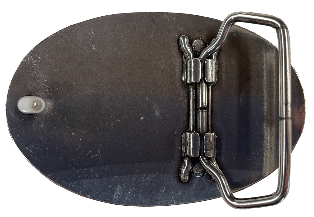 Oval shaped antique silver colored belt buckle with western style tooling, Smaller size approx. 3"wide by 2" tall. Available online and at our shop just outside Nashville in Smyrna, TN. Buckle is imported and made from zinc.
