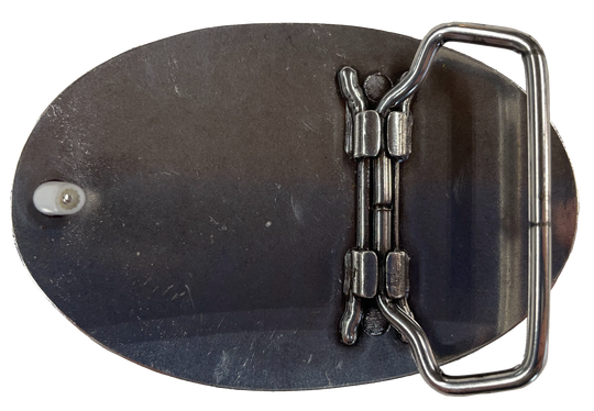 Oval shaped antique silver colored belt buckle with western style tooling, Smaller size approx. 3"wide by 2" tall. Available online and at our shop just outside Nashville in Smyrna, TN. Buckle is imported and made from zinc.