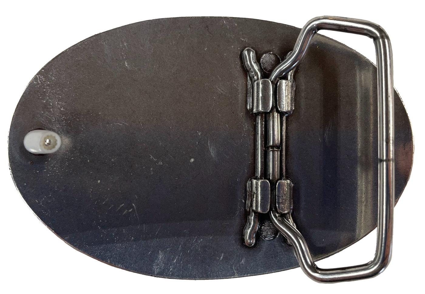 Oval shaped antique silver belt buckle with western style tooling, size approx. 2 3/8" wide by 2" tall. Back of buckle is pictured. Available online and at our shop just outside Nashville in Smyrna, TN.