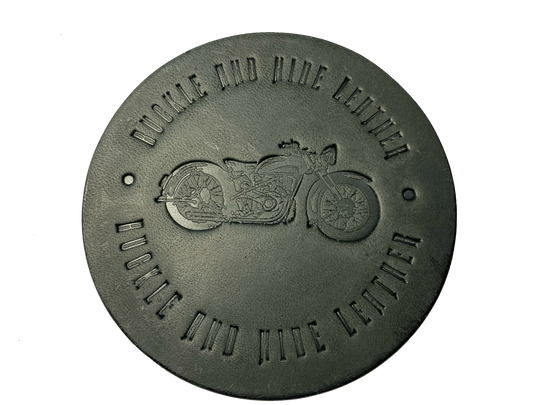 Made in our shop from Approx. 1/8" thick bridle Leather. A salute to all the Motorcycle riders who shop at our shop and everyone who loves Bikes! Embossed with Buckle and Hide graphics and a vintage motorcycle. Choose Black or Med. Brown. Purchase individually or in a custom tin. BUY MORE and SAVE! Not pictured yet!