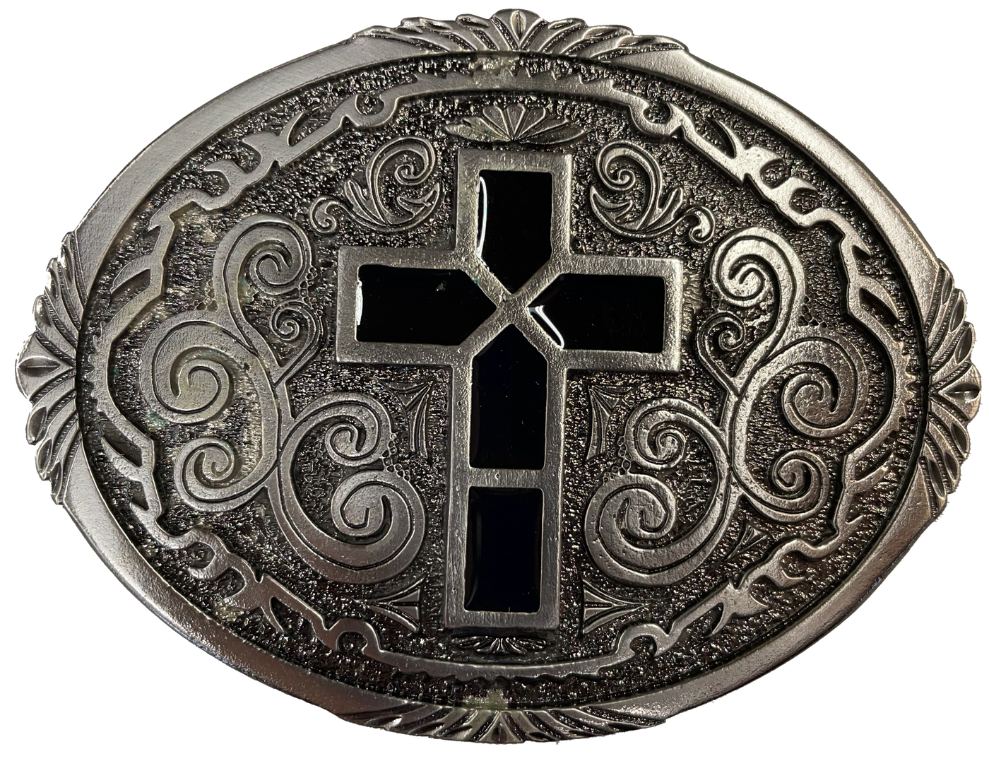 Pewter belt buckle that may be attached to your belt.  It has a western style oval shape with Black epoxy inlay cross in the center. Fits 1 1/2" belts, Size 3-1/2" x 2-3/4. Available in our shop just outside Nashville in Smyrna, TN.