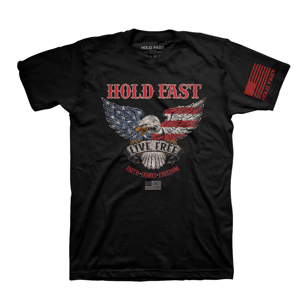 Color: Black 100% ringspun cotton, lightweight 4.3 oz. premium fabric Design on front; flag design on left sleeve Trimmer fit through shoulder and sleeve; fashion collar Shoulder-to-shoulder taping Double-needle stitching at sleeve and bottom hem High quality printed Christian t-shirt, sizes M-3x. Available online and in our retail shop in Smyrna, TN.