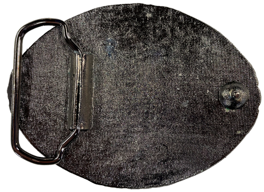 Pewter belt buckle that may be attached to your belt.  It has a western style oval shape with Black epoxy inlay cross in the center. Fits 1 1/2" belts, Size 3-1/2" x 2-3/4. Available in our shop just outside Nashville in Smyrna, TN. Back of buckle pictured.
