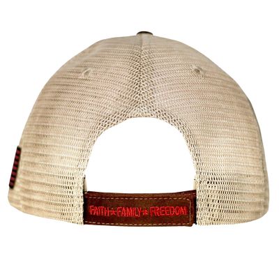 Hold fast to faith, family, and freedom in this rugged “Flag Red & Tan” Cap in Brown/Tan by HOLD FAST®. Hold fast to your faith, your family, and your freedom. We can celebrate these things because of the sacrifice of those who serve in the United States Armed Forces, and ultimately because of the sacrifice of our Lord and Savior, Jesus Christ, on the cross at Calvary.  Available online or in our shop just outside Nashville in Smyrna, TN. Back view
