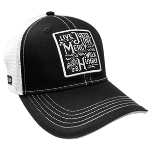 Walk the walk in this sharp “Walk Humbly” Cap by Kerusso® in Black/White with topstitch detailing. God asks us to set aside the lower points of our character when we take up the cross and follow Him. God’s Holy Word, the Bible, shows us how. Available online or in our shop just outside Nashville in Smyrna, TN. One size fits most.