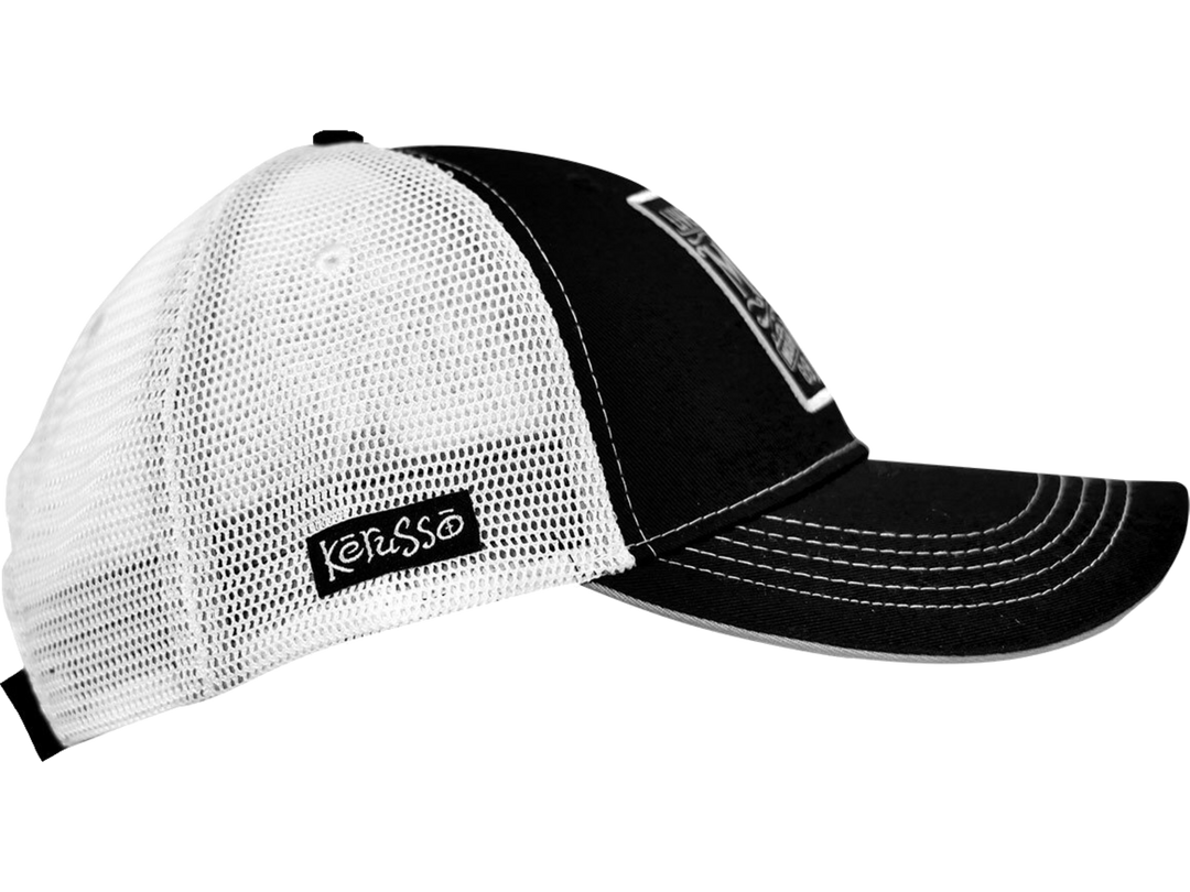 Walk the walk in this sharp “Walk Humbly” Cap by Kerusso® in Black/White with topstitch detailing. God asks us to set aside the lower points of our character when we take up the cross and follow Him. God’s Holy Word, the Bible, shows us how. Available online or in our shop just outside Nashville in Smyrna, TN. One size fits most, side view.